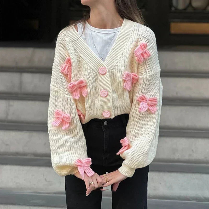 Embroidered Bow V-neck Cardigan