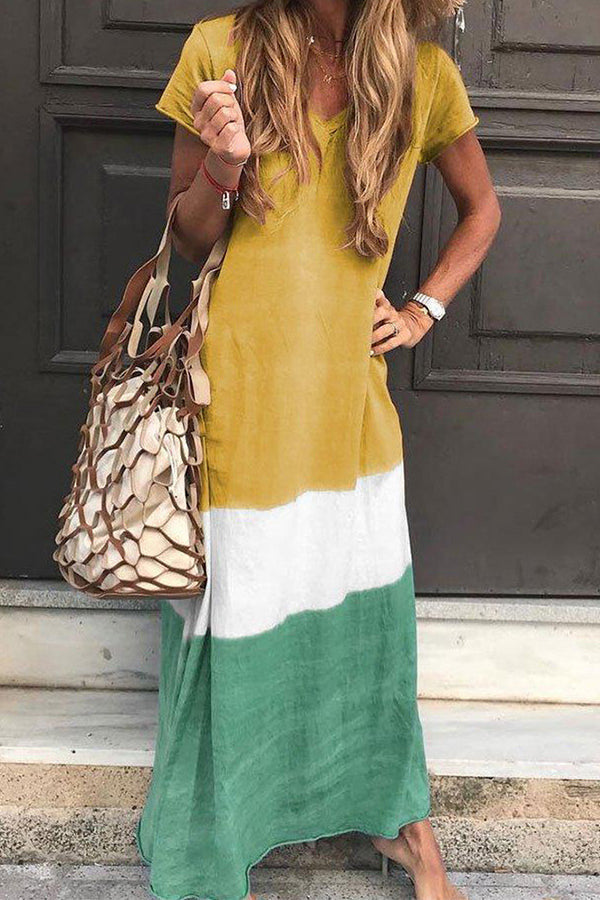 Tri-colored V-neck Maxi Dress With Short Sleeves - Mislish