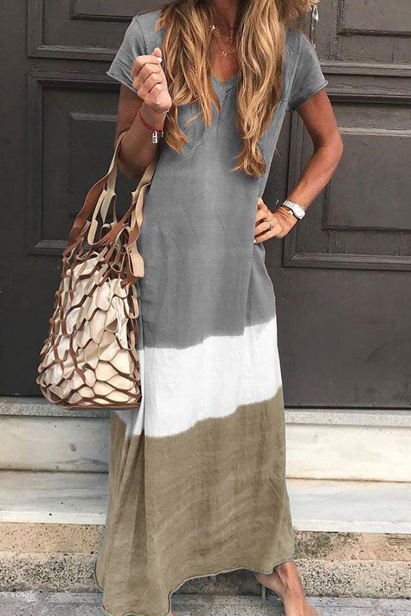 Tri-colored V-neck Maxi Dress With Short Sleeves - Mislish