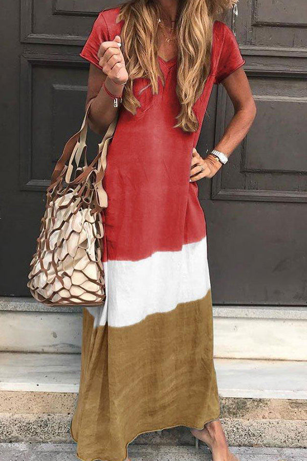 Tri-colored V-neck Maxi Dress With Short Sleeves - Mislish