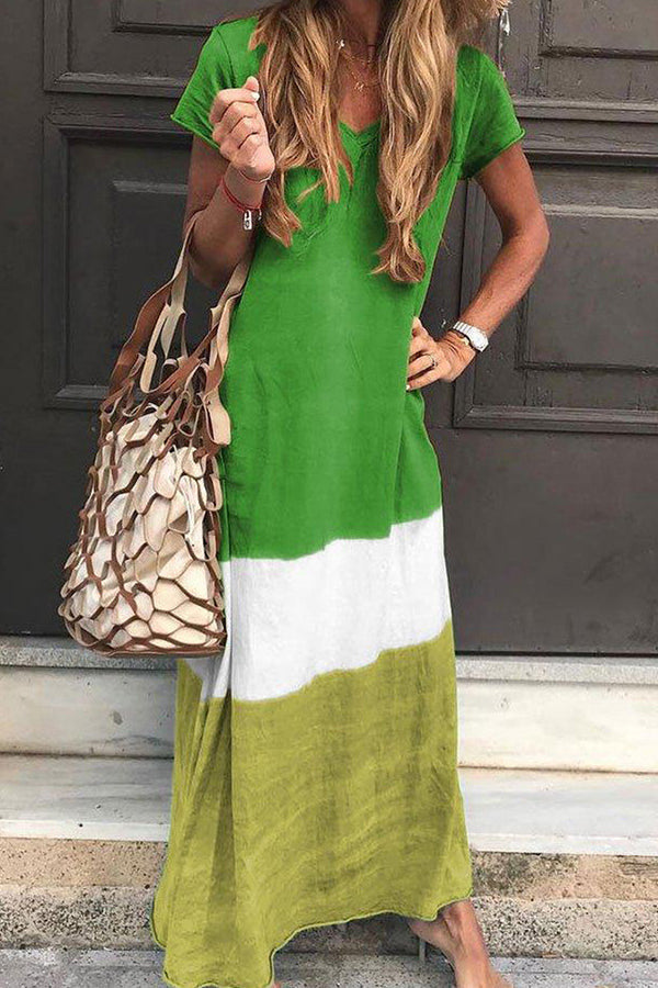Tri-colored V-neck Maxi Dress With Short Sleeves - Mislish
