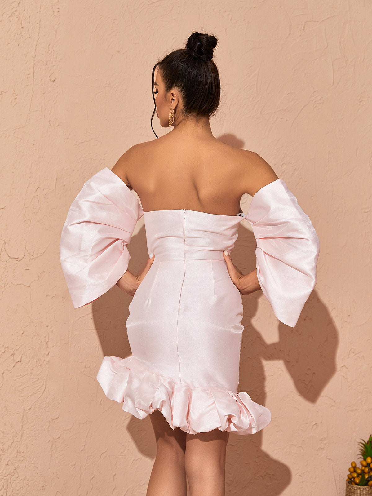 Satin Off-Shoulder Puff Sleeve Ruffle Hem Mini Dress 5