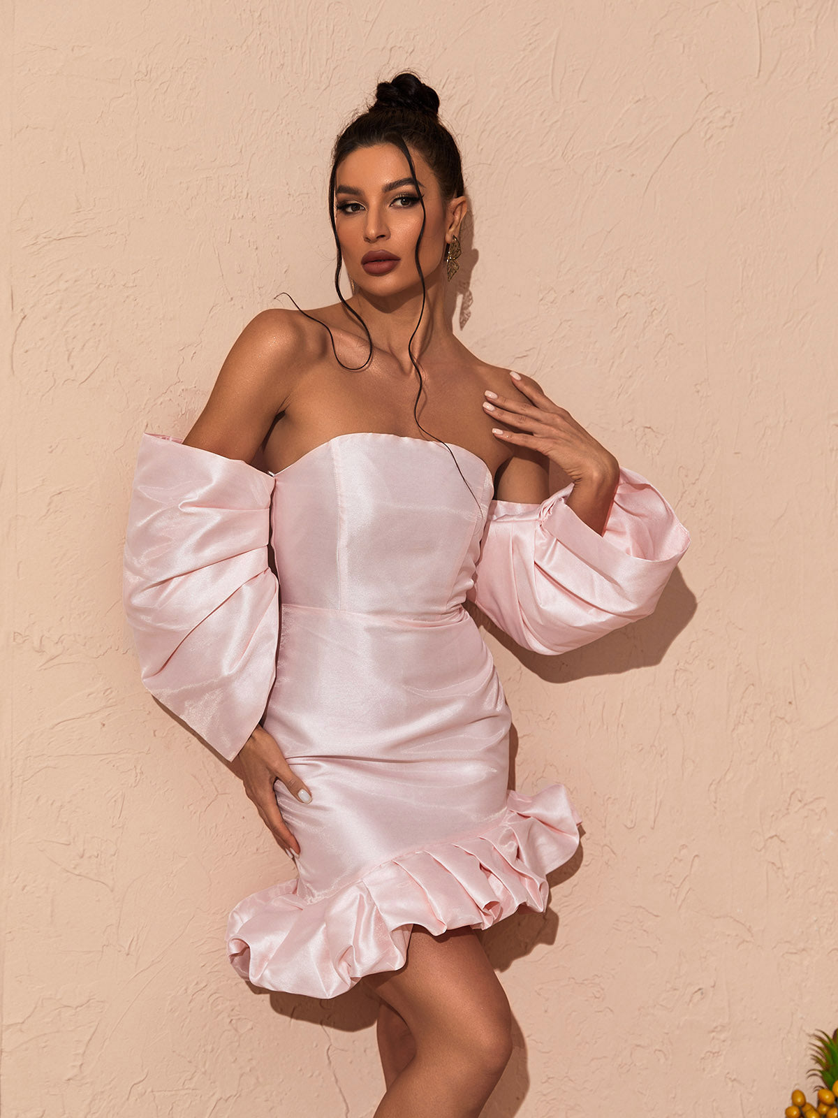 Satin Off-Shoulder Puff Sleeve Ruffle Hem Mini Dress