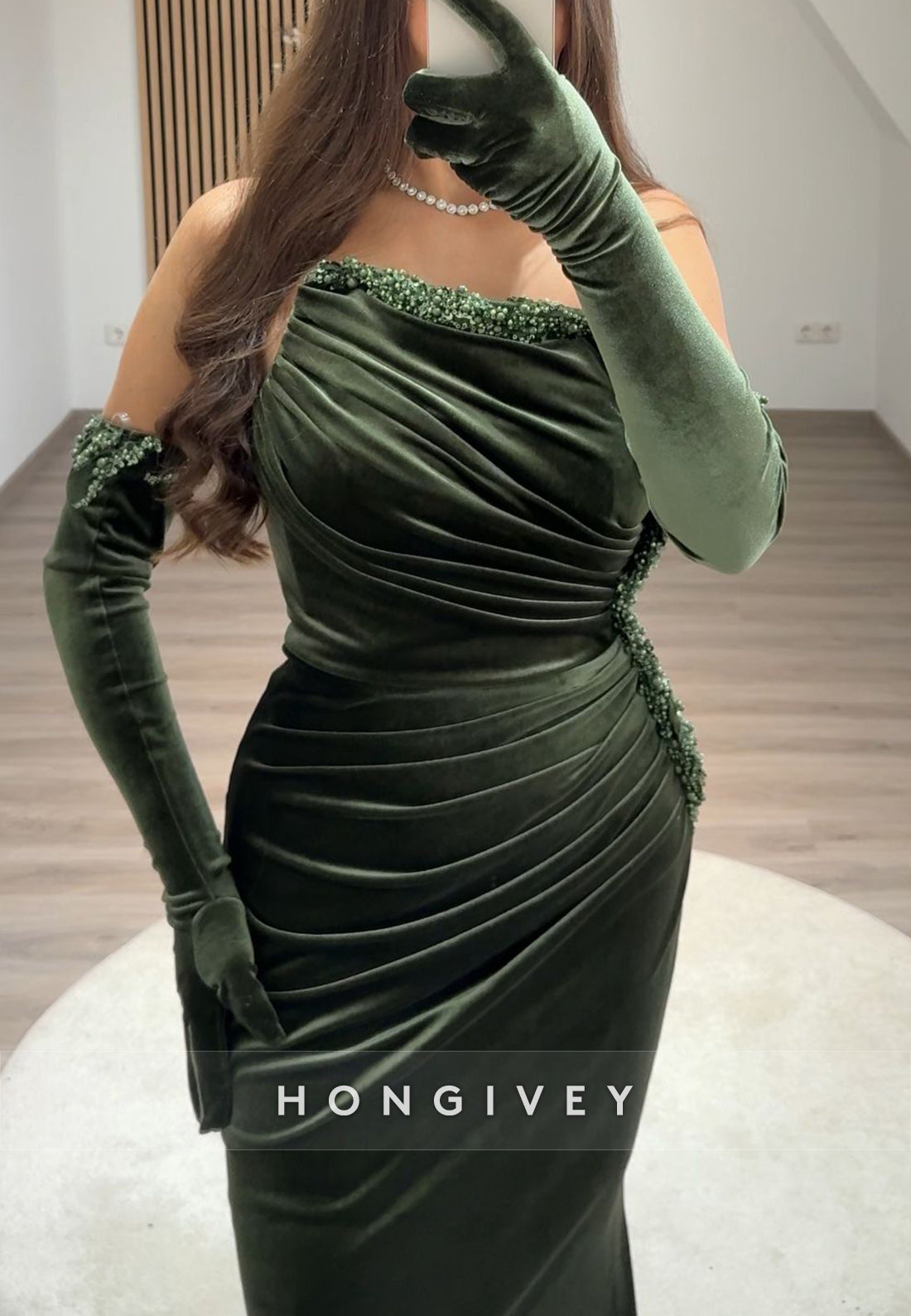 Column Off the Shoulder Pleated Floor-Length Beading Formal Evening Dresses