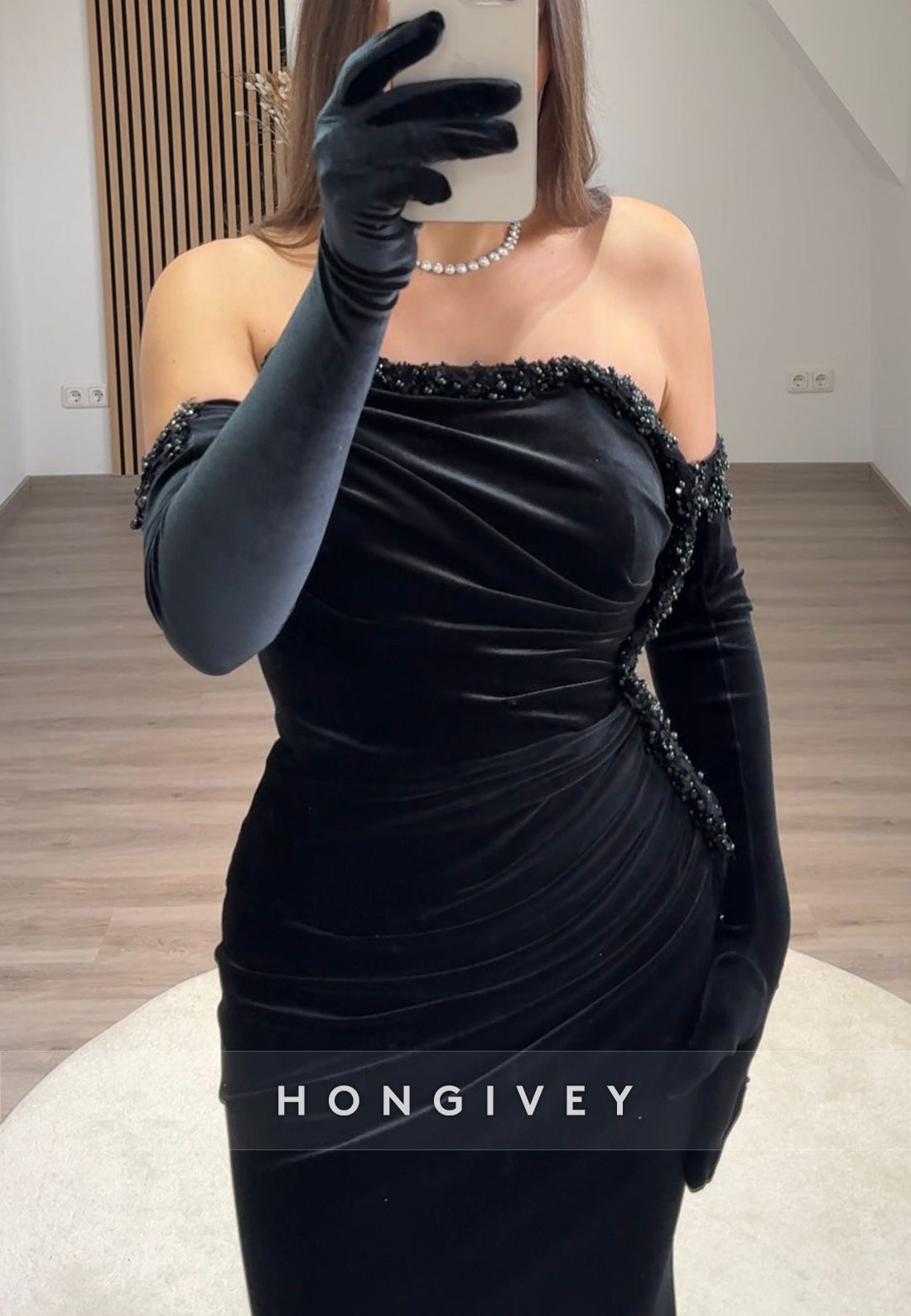 Column Off the Shoulder Pleated Floor-Length Beading Formal Evening Dresses