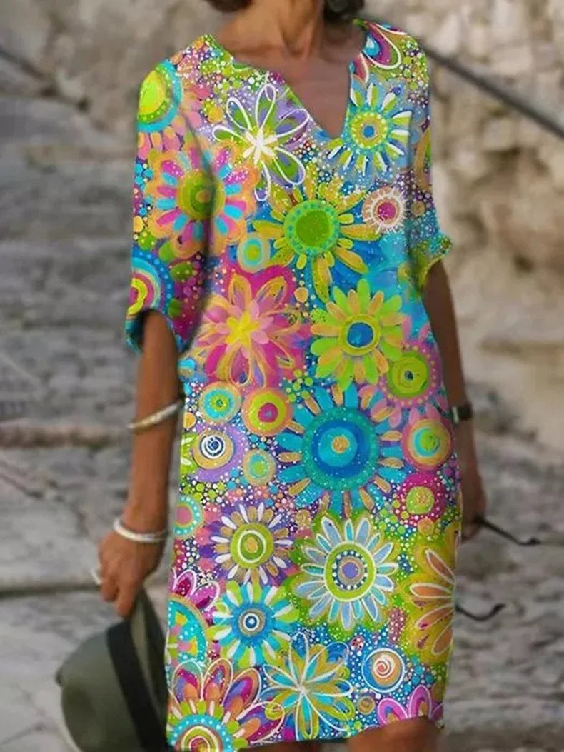 Floral Notch Neck Half Sleeve Shift Midi Dress - View 2
