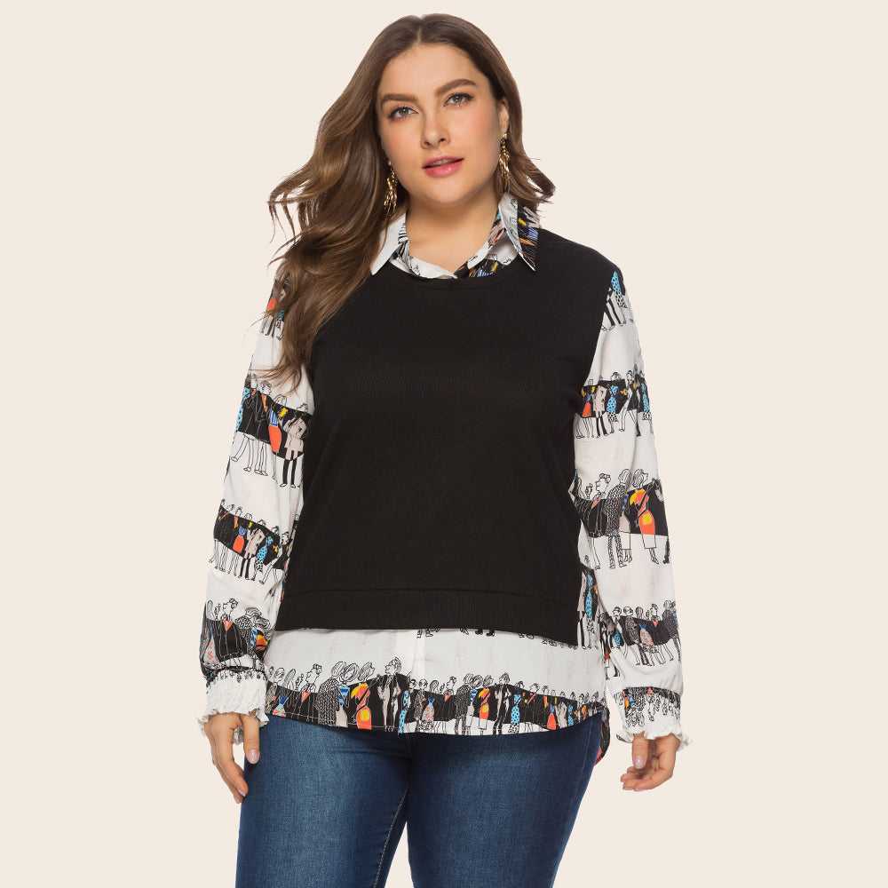 Two vintage print patchwork long-sleeved blouses for plus-size women - Fashionpara