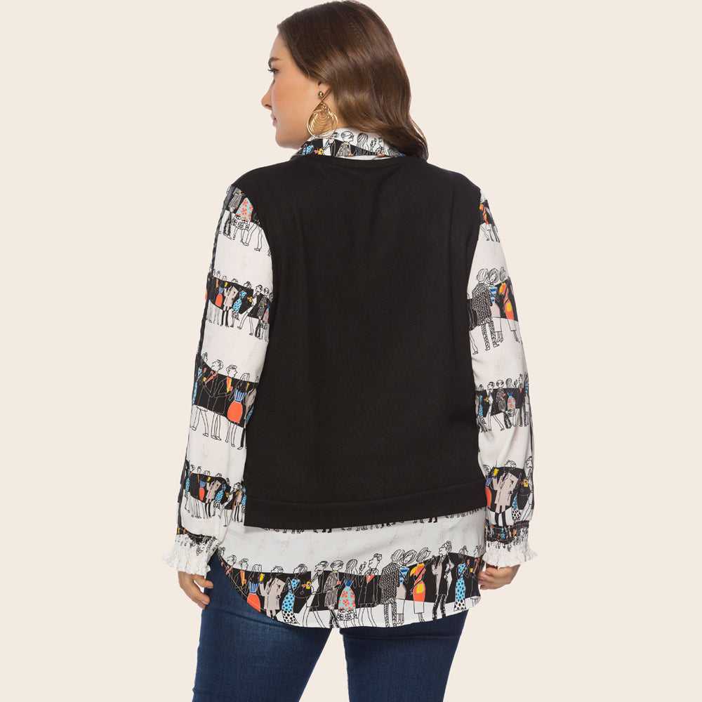 Two vintage print patchwork long-sleeved blouses for plus-size women - Fashionpara