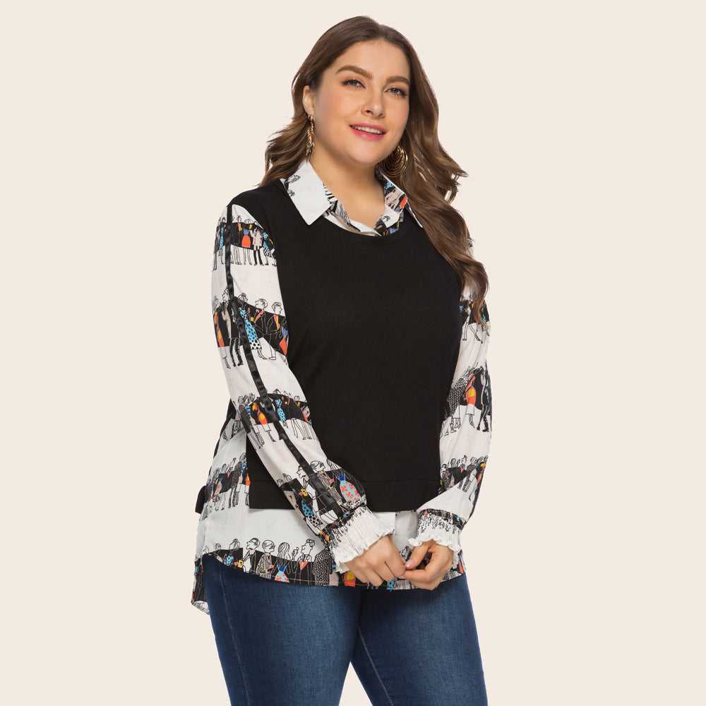 Two vintage print patchwork long-sleeved blouses for plus-size women - Fashionpara