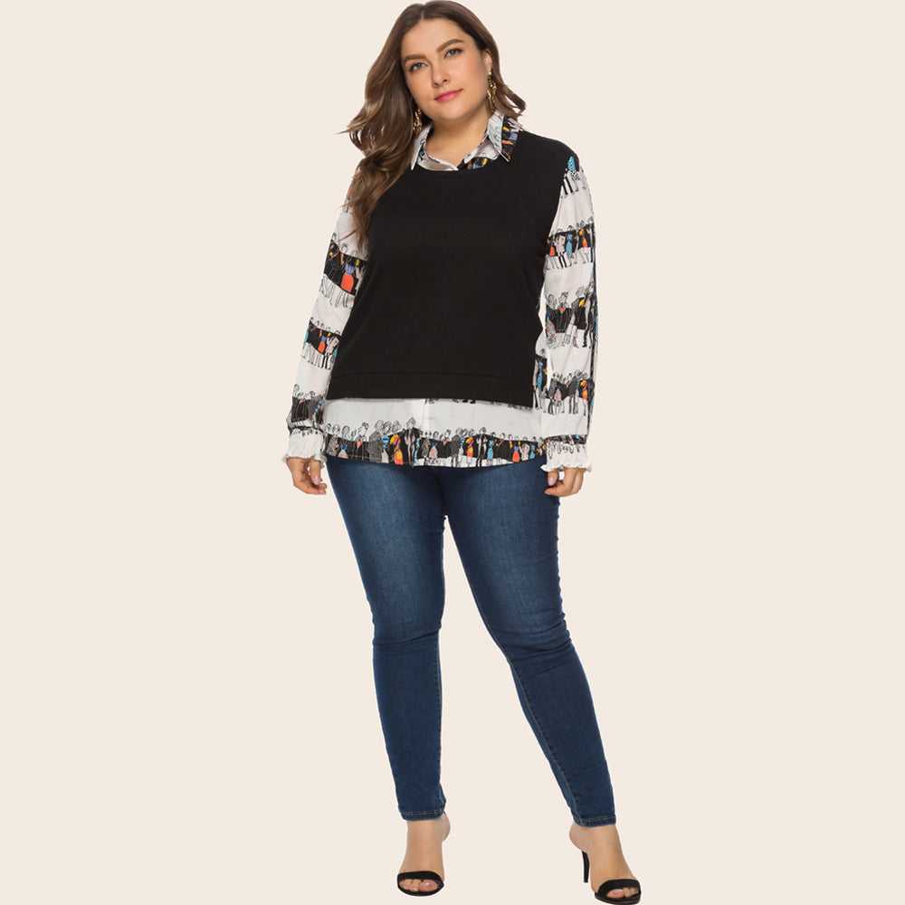 Two vintage print patchwork long-sleeved blouses for plus-size women - Fashionpara
