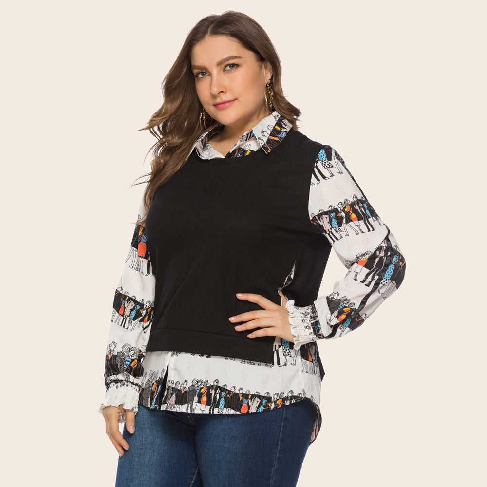 Two vintage print patchwork long-sleeved blouses for plus-size women - Fashionpara