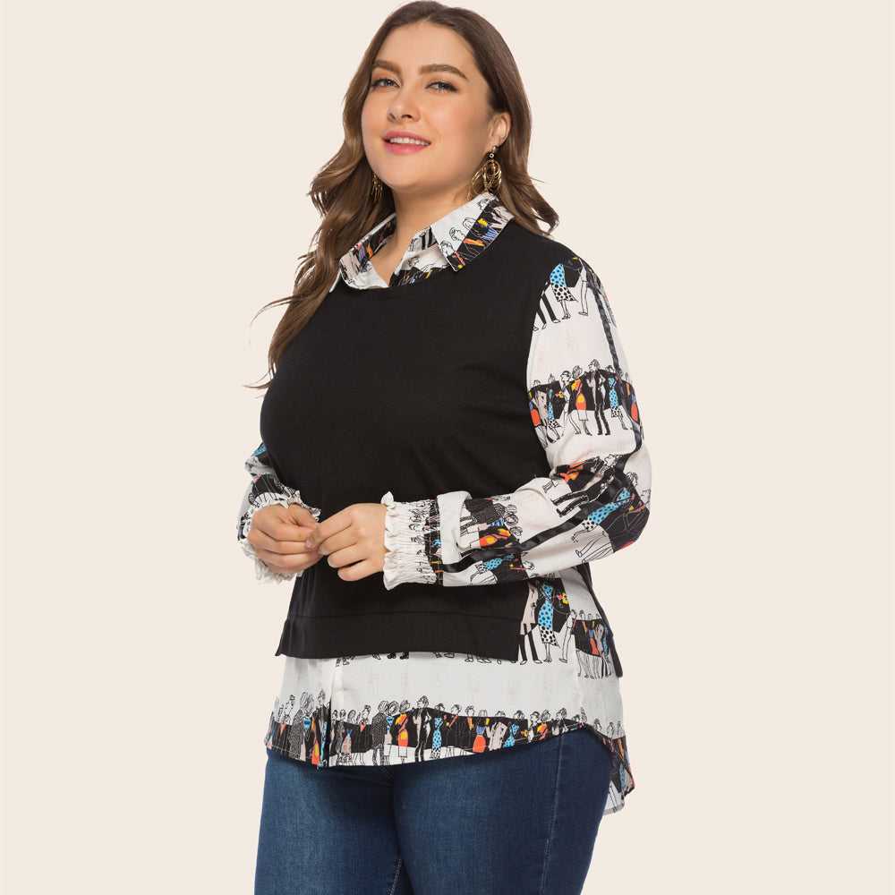 Two vintage print patchwork long-sleeved blouses for plus-size women - Fashionpara