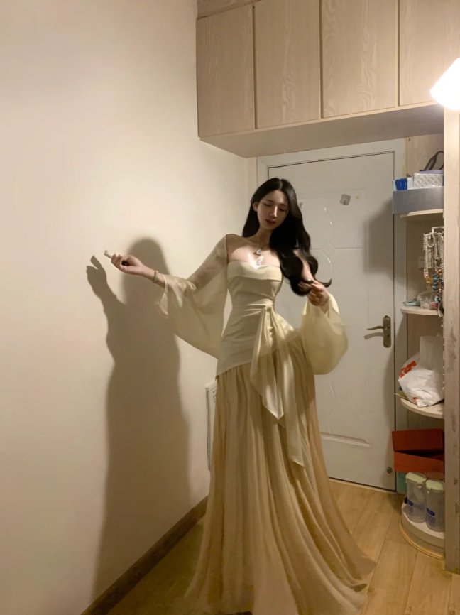 Sexy Strapless Apricot Satin Mermaid Long Prom Gown Formal Birthday Party Dress D841