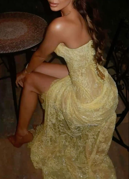 Sexy Strapless Yellow Lace Sequin High Slit Pleated Prom Gown Long Mermaid Party Dress D824