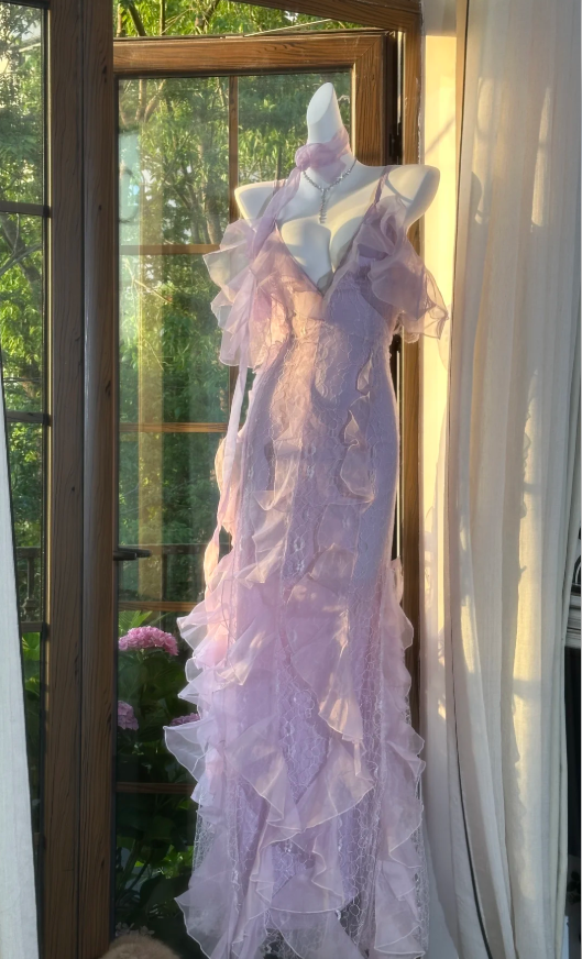 Classy Pink Spaghetti Straps V Neck Lace Chiffon Ruffle Mermaid Evening Dress Long Party Dress with Ribbon D1246