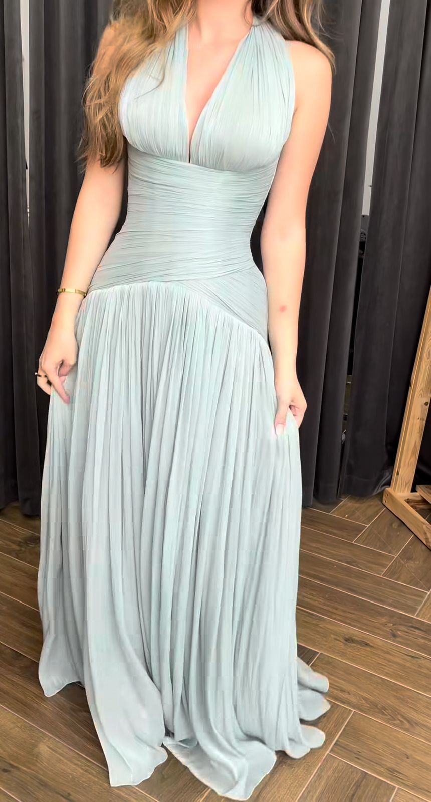 Elegant Blue Halter V Neck Chiffon Pleated Mermaid Evening Dress Long Wedding Guest Dress D1361