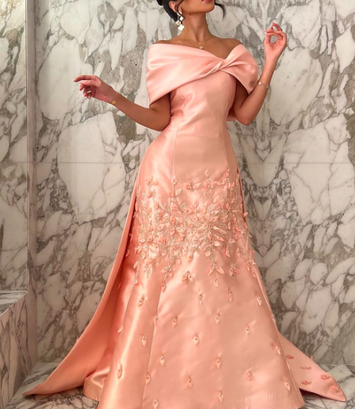 Chic Off The Shoulder Satin Beaded Appliques Pink Long Party Dress Evening Gown D1208
