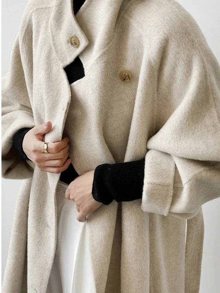 Elegant Turtleneck Wool Cashmere Overcoat