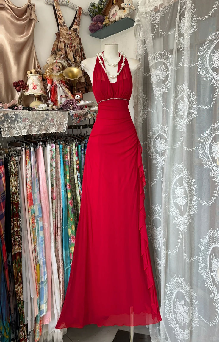 Retro Halter Red Chiffon Beaded Ruffles Mermaid Evening Dress Long Birthday Party Gown D1710