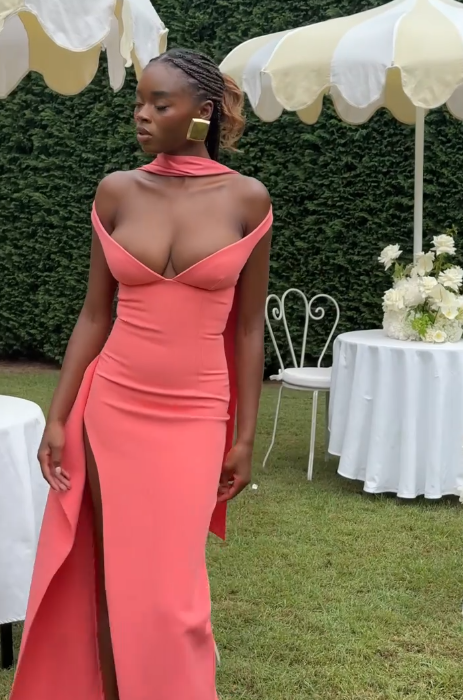 Elegant V Neck Coral Pink Side Slit Mermaid Long Wedding Guest Dress Party Dress D1626