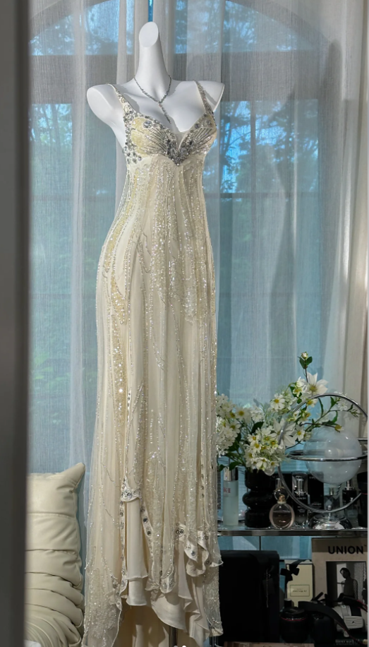 Elegant Apricot Chiffon Sequin Beaded Long Mermaid Evening Dress Party Gowns D942