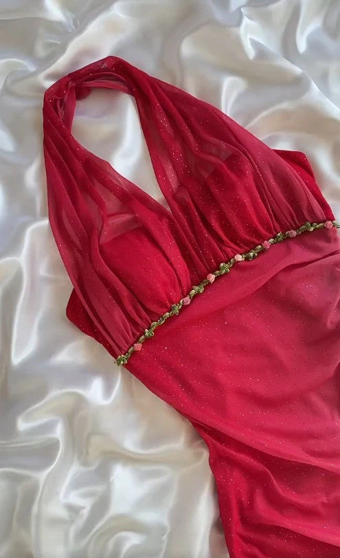 Classy Ombre Pink Halter Chiffon Ruffles Sheath Party Dress Glitter Long Prom Dress D1484