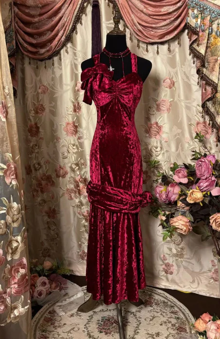 Vintage Burgundy Velvet Mermaid Prom Dress Long Evening Gown D1068