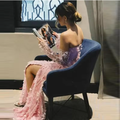 Elegant Pink Strapless Tulle Appliques Beaded Slit Mermaid Evening Dress Long Party Dress D1356