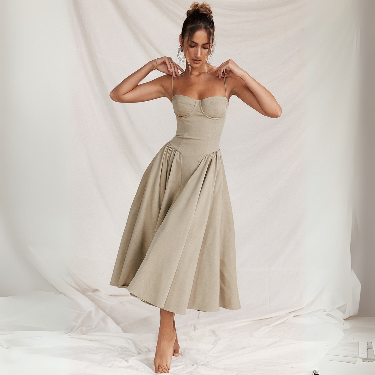 Strapless Corset Bustier Fit and Flare Midi Dress 9