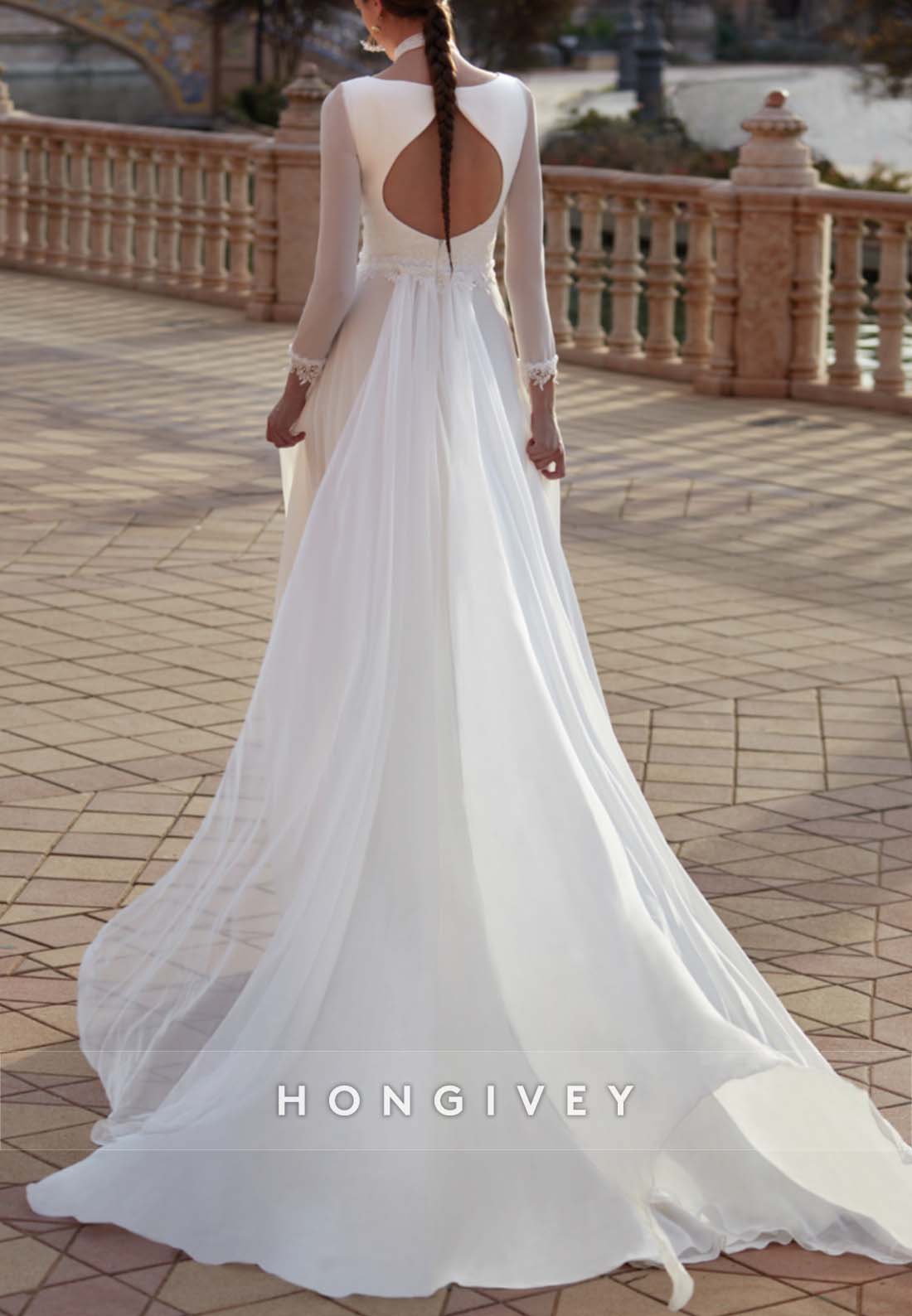 Long Sleeve Pleated Back Hole High Neck Lace A-line Wedding Dresses