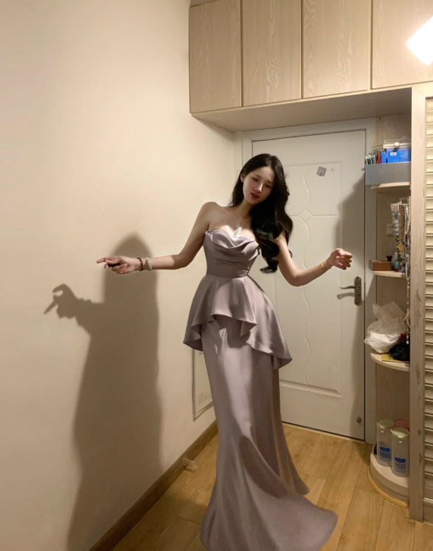 Stylish Strapless Purple Satin Mermaid Long Party Dress Formal Wedding Guest Dress D845