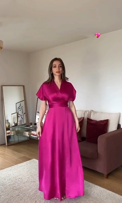 Classy Hot Pink Satin A Line Long Evening Dress Birthday Party Gown D1364