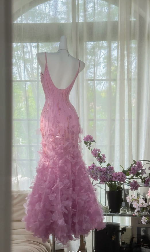 Charming Pink Spaghetti Straps Chiffon Beaded Mermaid Long Party Dress Evening Gown D1557