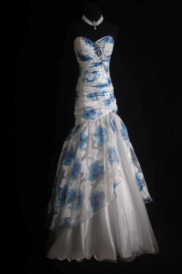 Elegant Sweetheart Neck Blue Tulle Print Floral Mermaid Long Prom Dresses Birthday Party Dress D1516