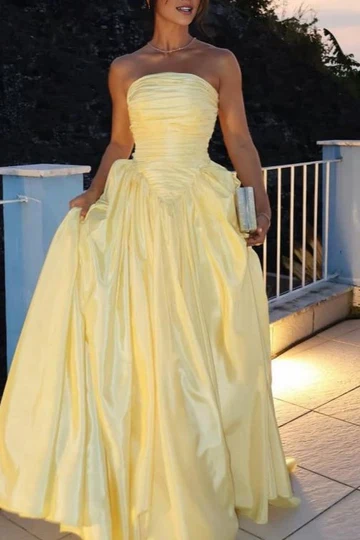 Fashion Strapless Yellow Satin Pleated A Line Long Wedding Guest Dress Evening Dress D1434