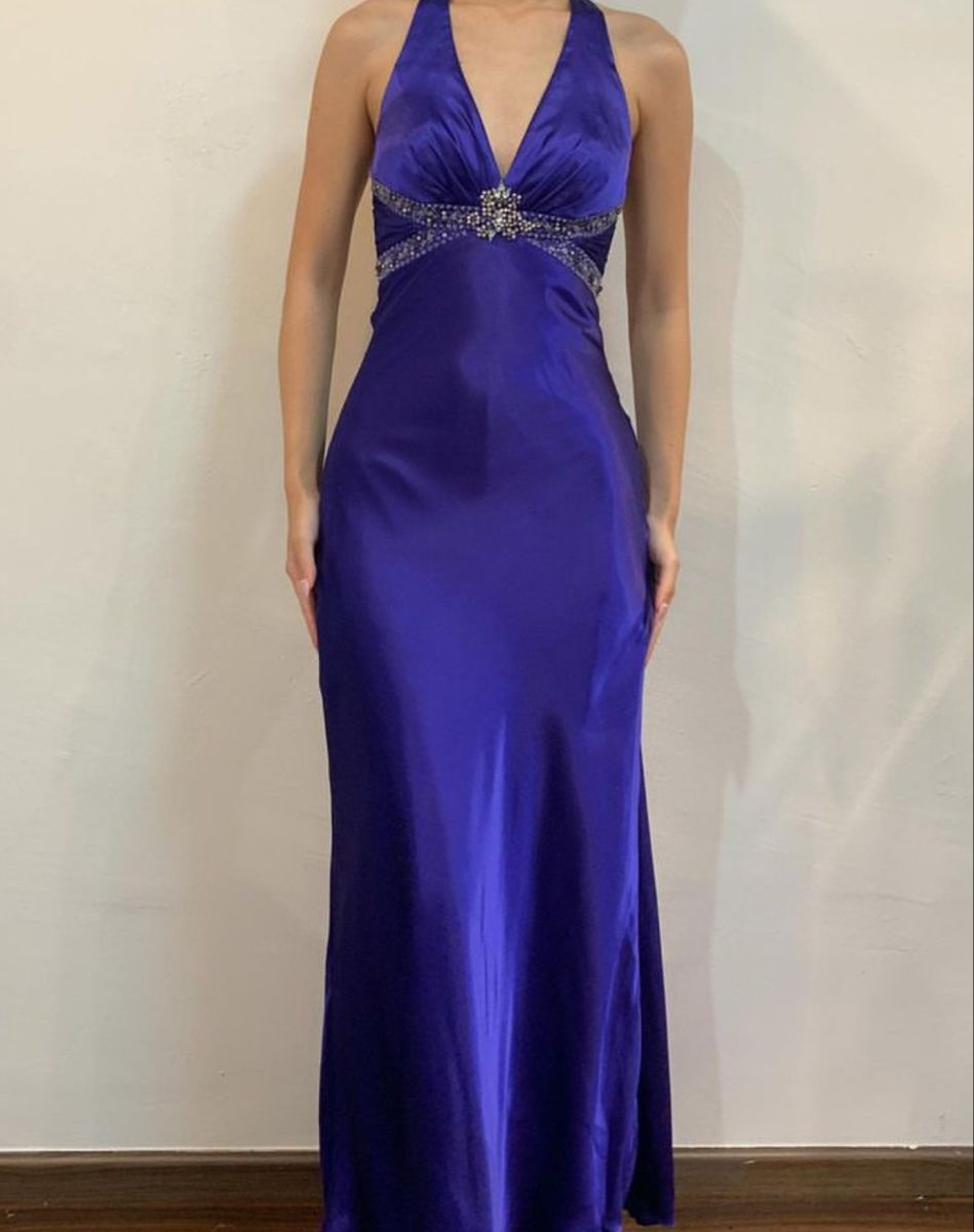 Classy V Neck Halter Satin Beaded Mermaid Evening Dress Purple Long Wedding Guest Dress D1515