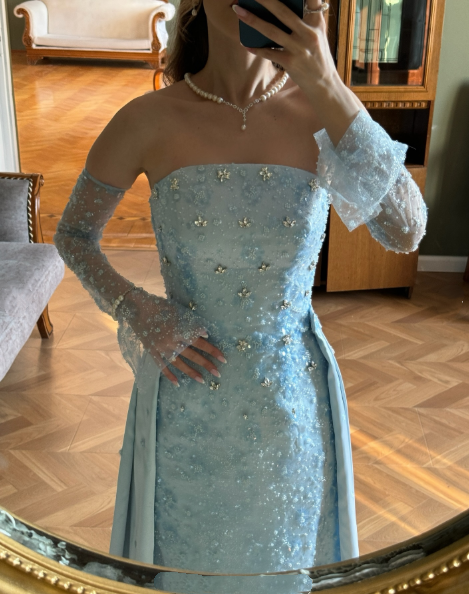 Classy Strapless Light Blue Satin Tulle Beaded Mermaid Prom Dress Long Party Gown D871