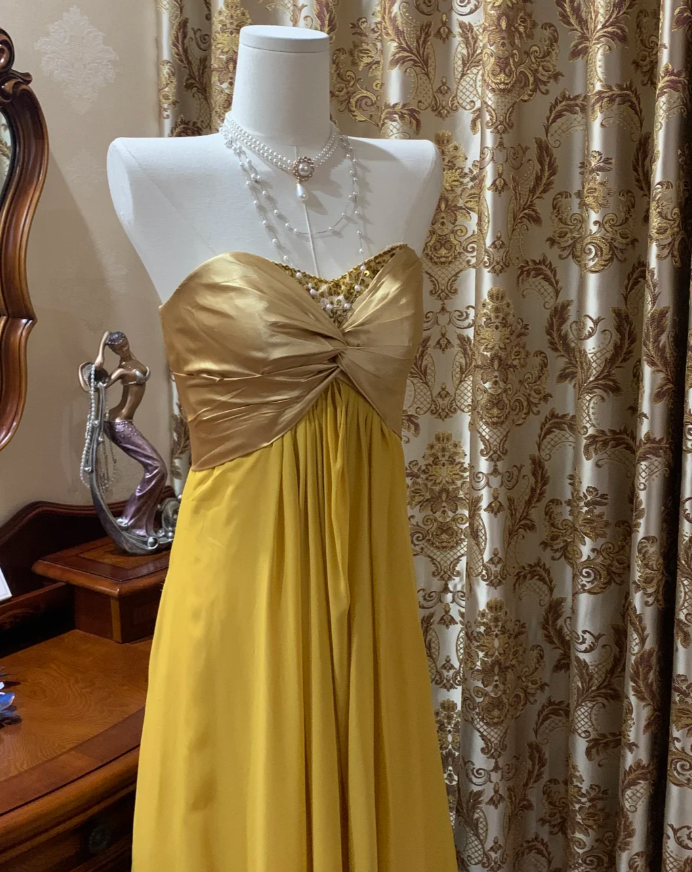 Stylish Strapless Beaded Satin Chiffon Long Wedding Guest Dress Formal Birthday Party Dress D1717