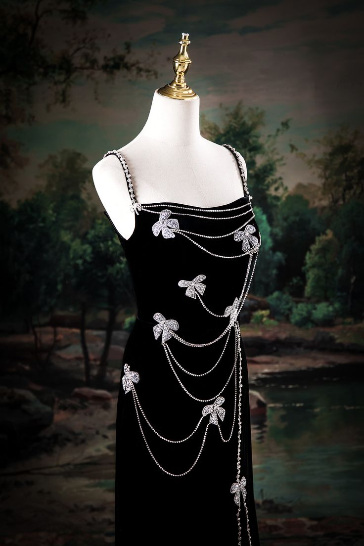 Elegant Black Velvet Spaghetti Straps Slit Beaded Mermaid Evening Dress Long Birthday Party Gown D1559