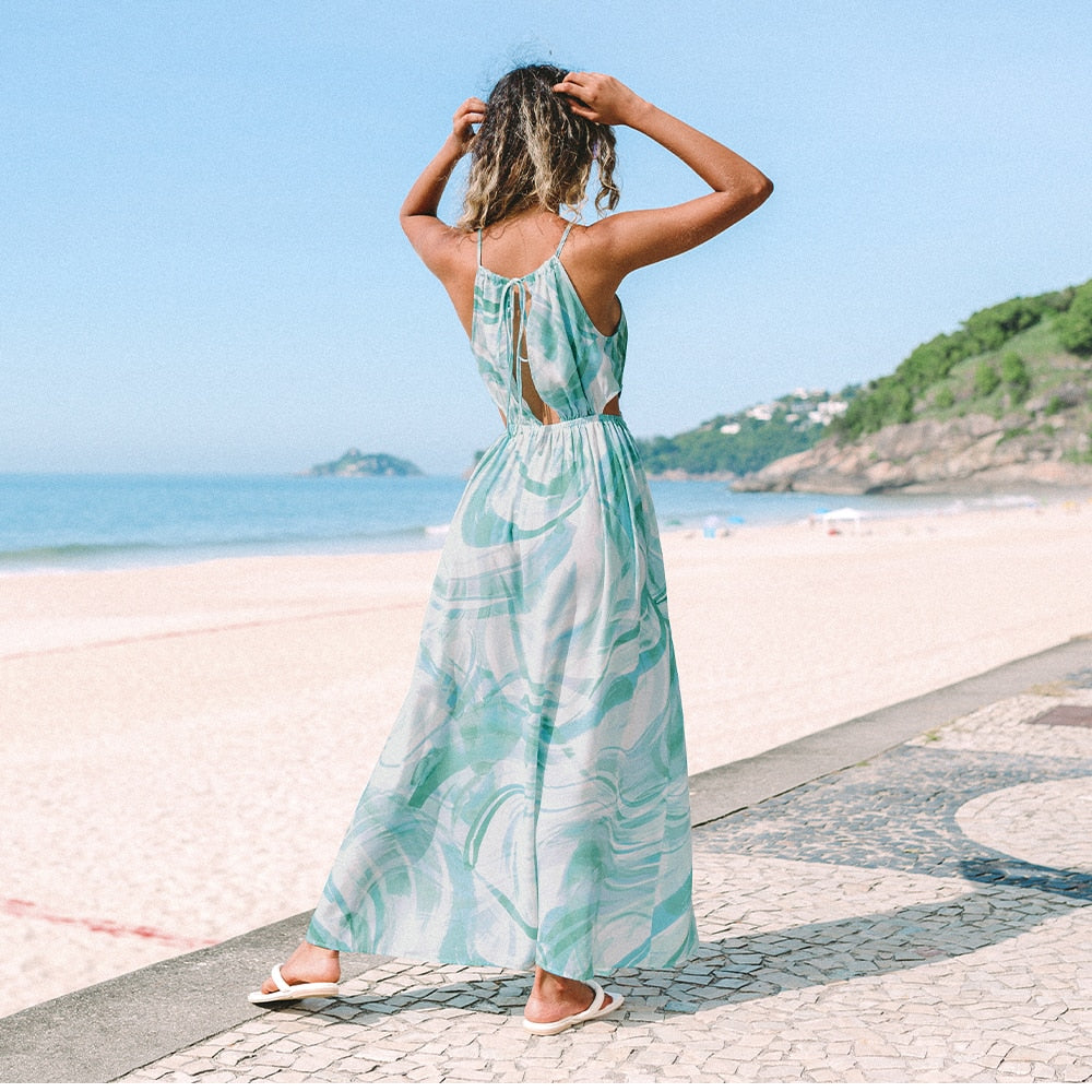 Tropical Palm Print Halter Neck Cut Out High Split Maxi Dress 6