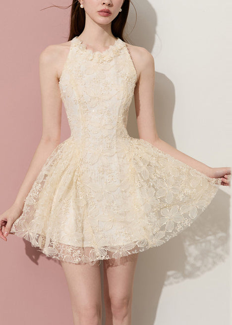 Lace High Neck Ruffle Trim Fit and Flare Scalloped Hem Mini Dress