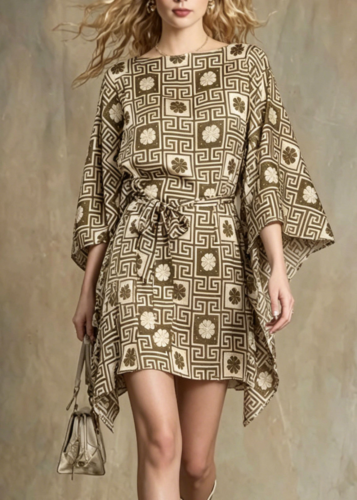 Chiffon Geometric Print Boat Neck Kimono Sleeve Tie Waist Mini Dress - View 2