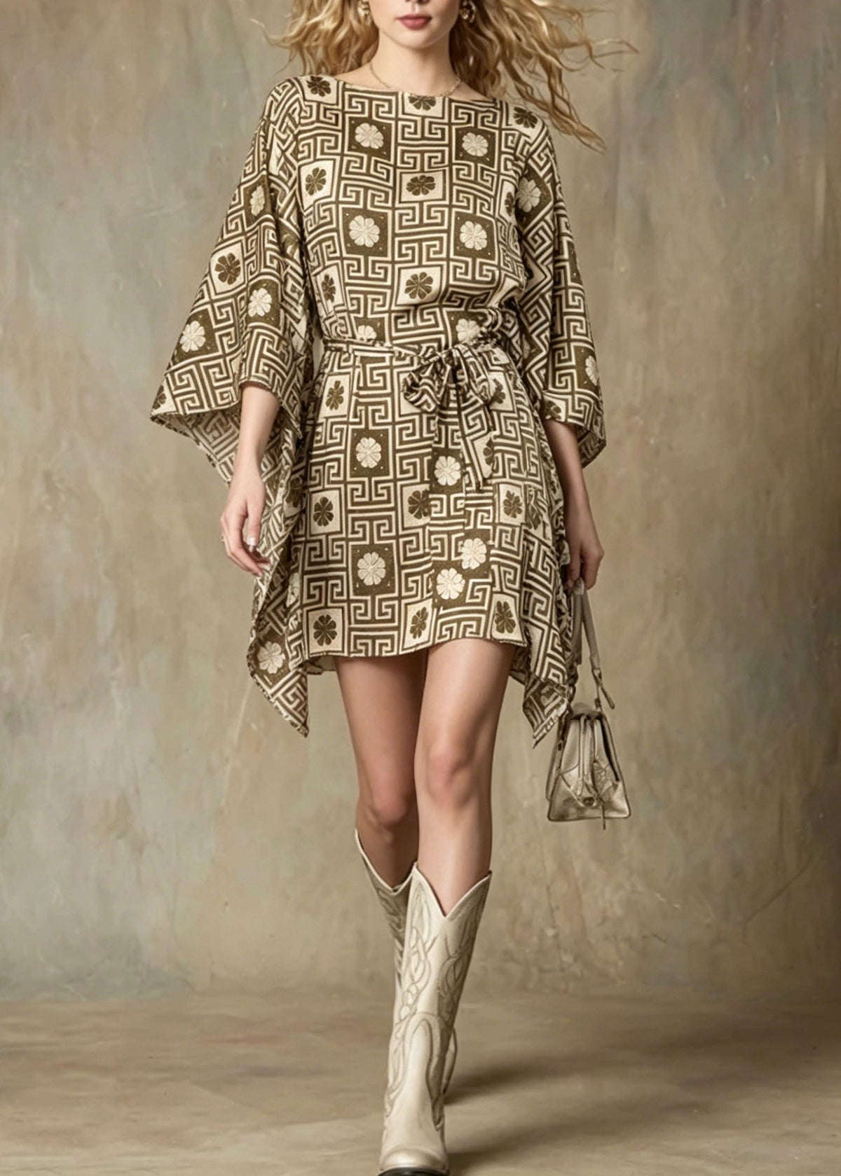 Chiffon Geometric Print Boat Neck Kimono Sleeve Tie Waist Mini Dress - View 3