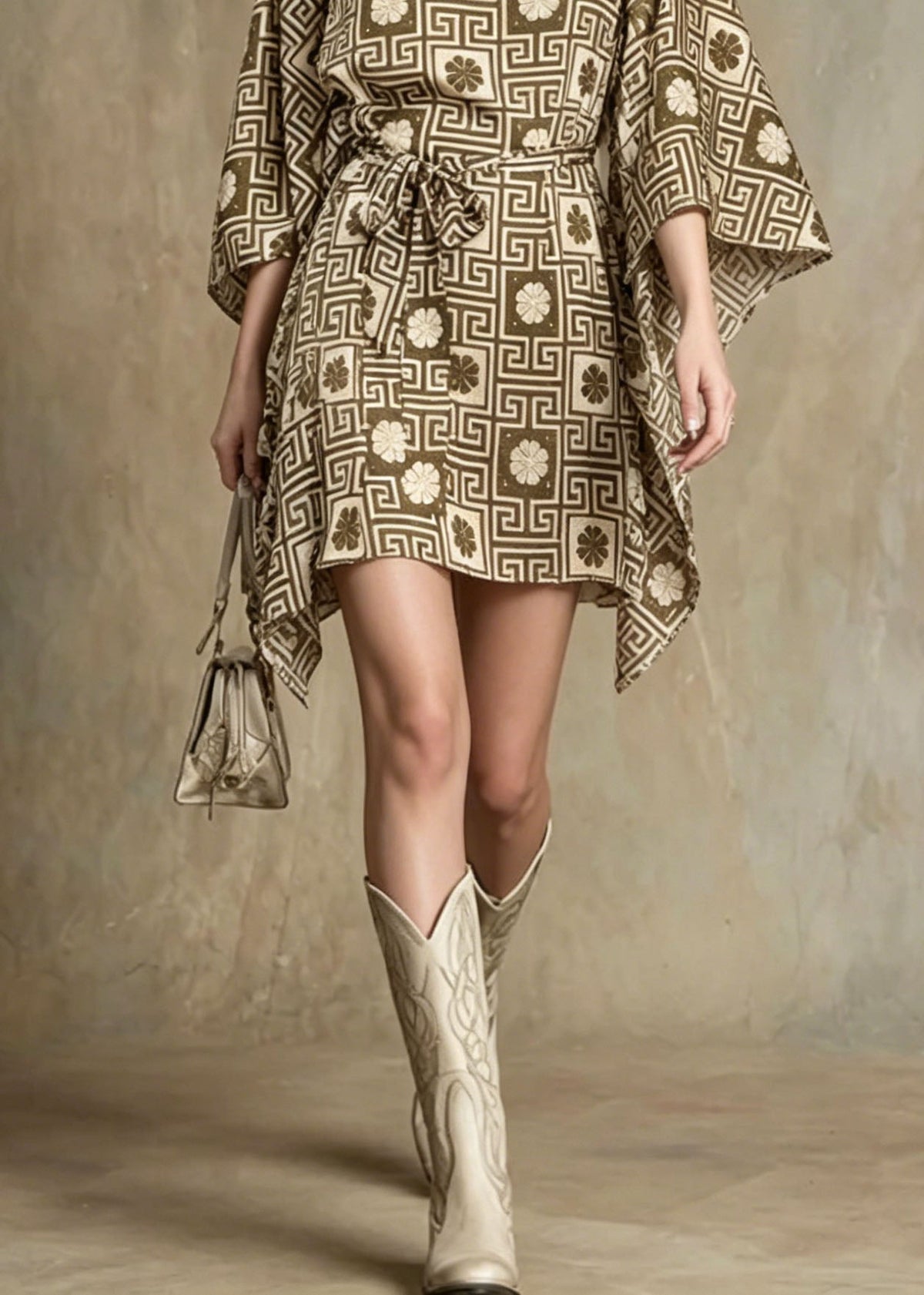 Chiffon Geometric Print Boat Neck Kimono Sleeve Tie Waist Mini Dress - View 4