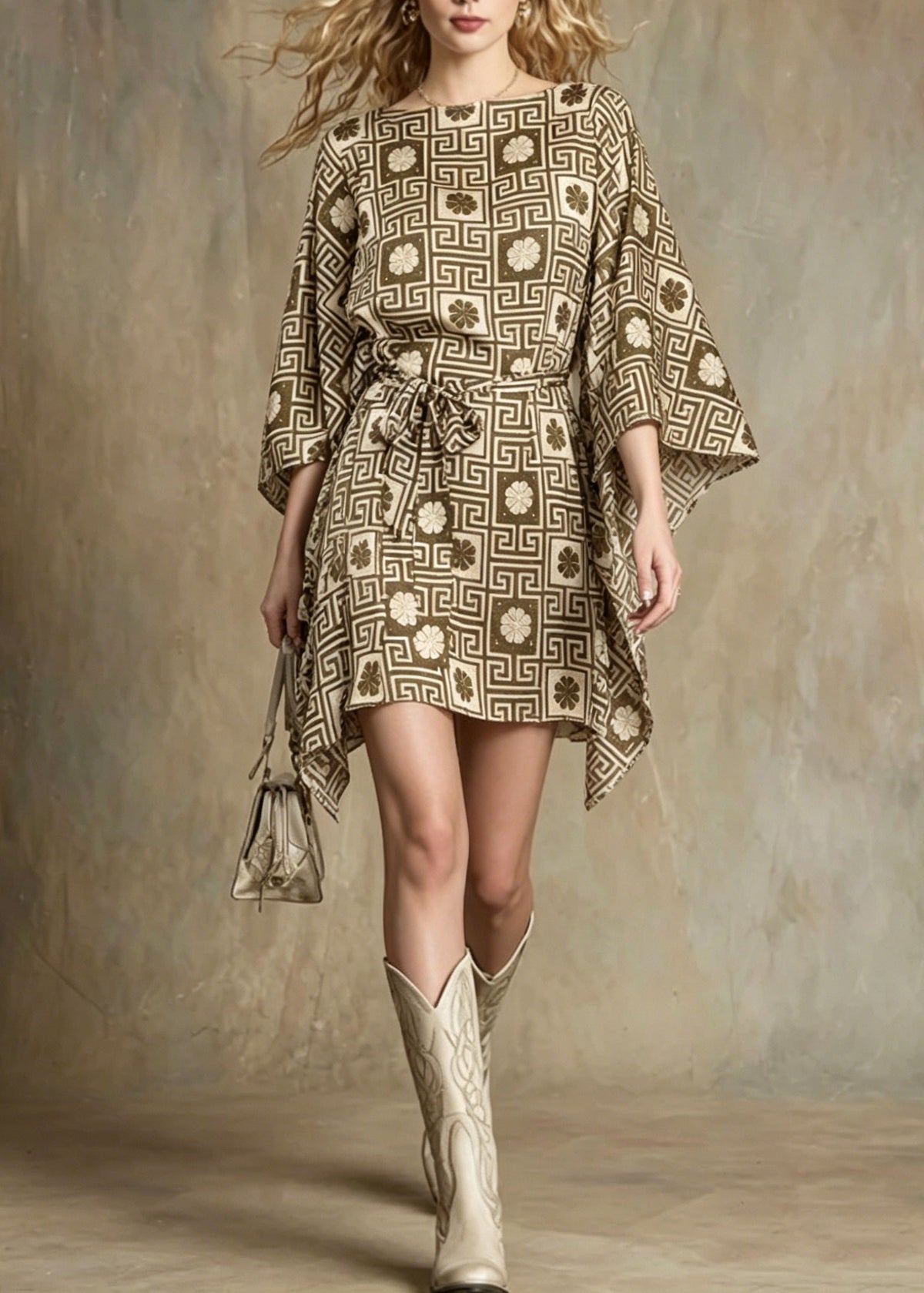 Chiffon Geometric Print Boat Neck Kimono Sleeve Tie Waist Mini Dress - View 5