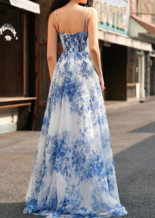 Unique Blue Print Side Open Chiffon Spaghetti Strap Dress Summer - View 3
