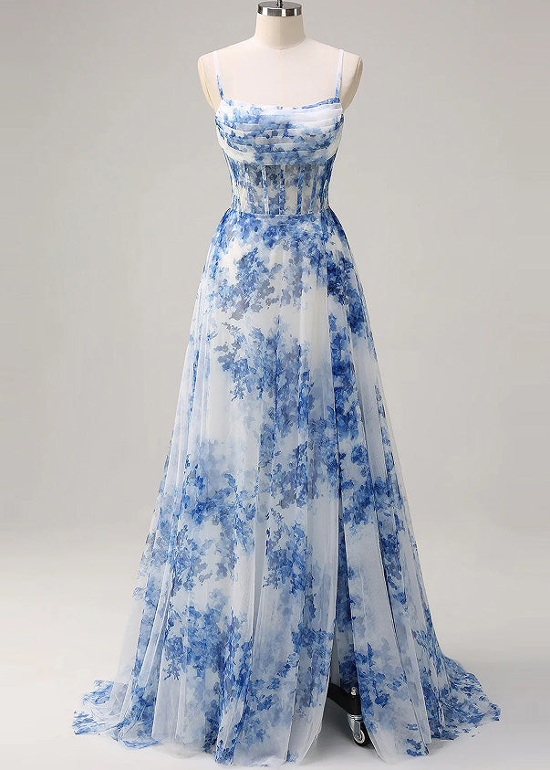 Unique Blue Print Side Open Chiffon Spaghetti Strap Dress Summer - View 5
