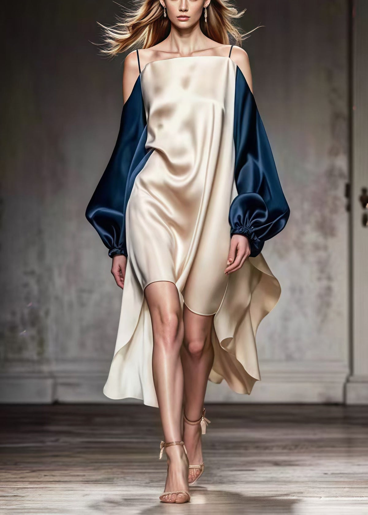 Cold Shoulder Spaghetti Strap Puff Sleeve High Low Satin Mini Dress