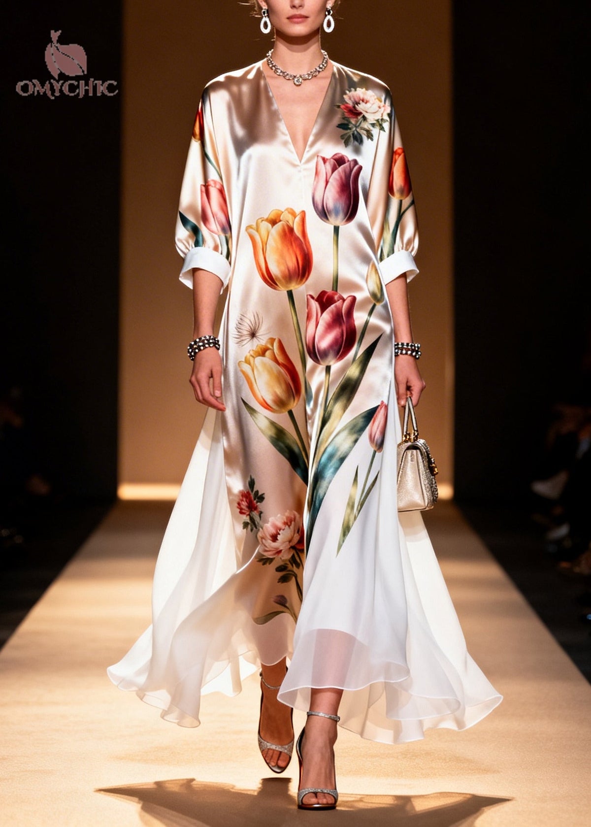 Floral Tulip Print Deep V-Neck Contrast Cuff Sheer Maxi Dress