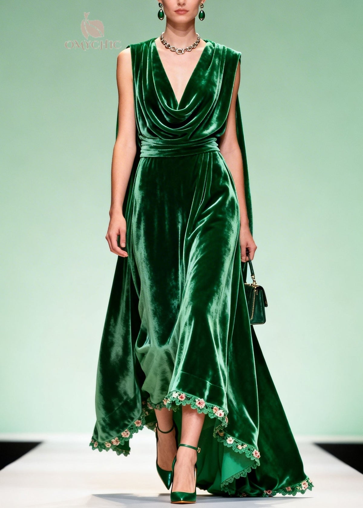 Velvet Cowl Neck Floral Lace Trim High Low Cape Back Sleeveless Gown